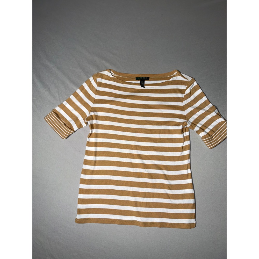 Lauren Ralph Lauren Womens Large Tan White Striped Boat Neck Cotton Top